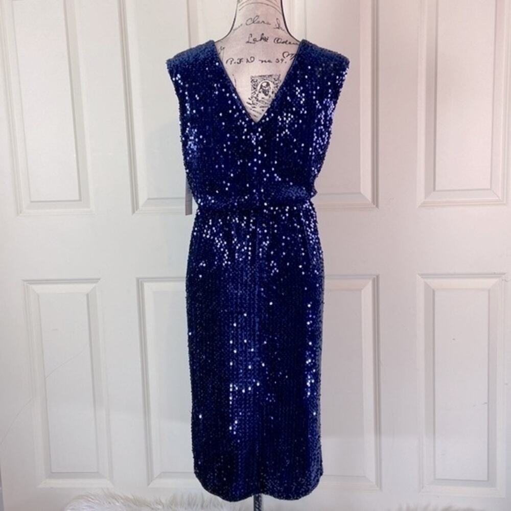NWT Maggy London Sequined Blouson Navy Blue Dress - Picture 7 of 15